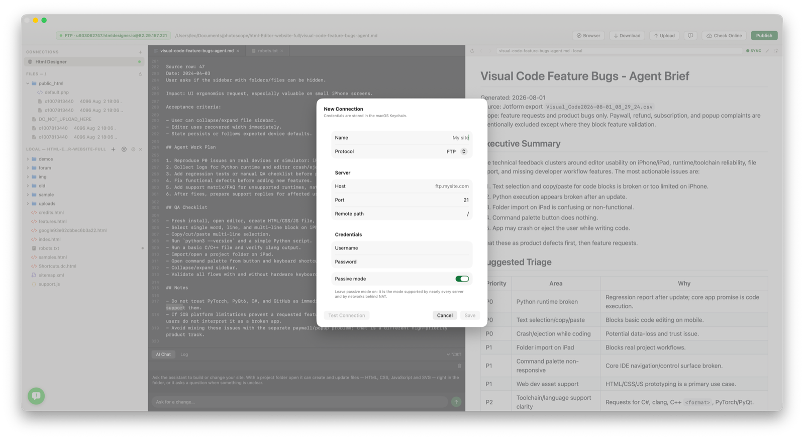 HTML Designer FTP connection sheet for a remote site