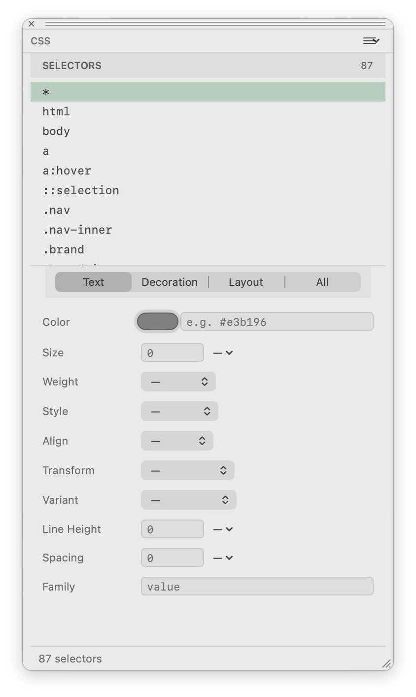 HTML Designer CSS Designer floating palette