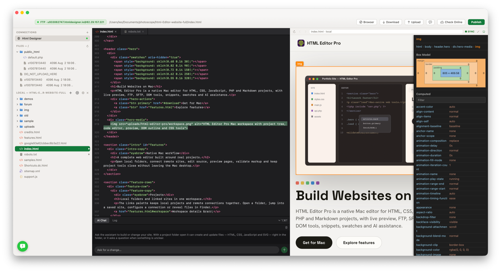 HTML Designer Mac workspace with code editor, live preview and advanced inspector panel